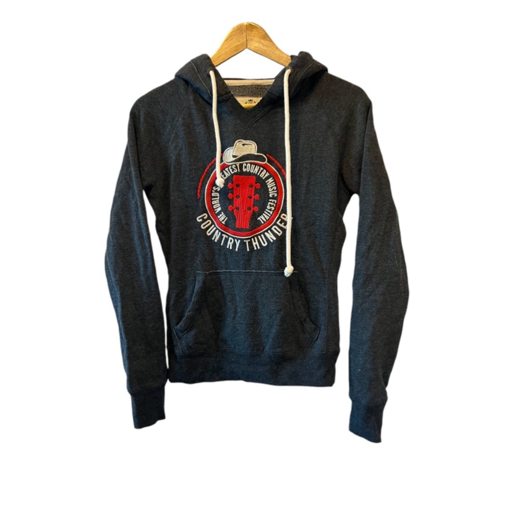 Country Thunder Graphic Print Grey Casual Pullover Hooded Sweatshirt Hoodie XS